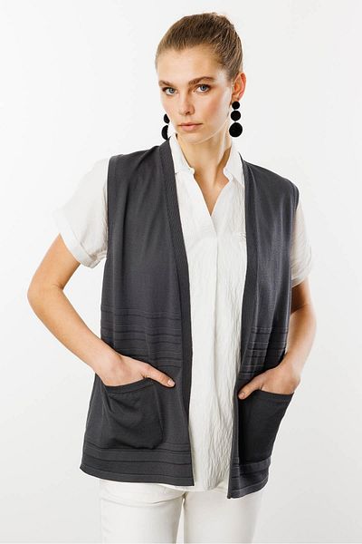 Desen Triko Gray Women's Summer Knitwear Vest with Pockets
