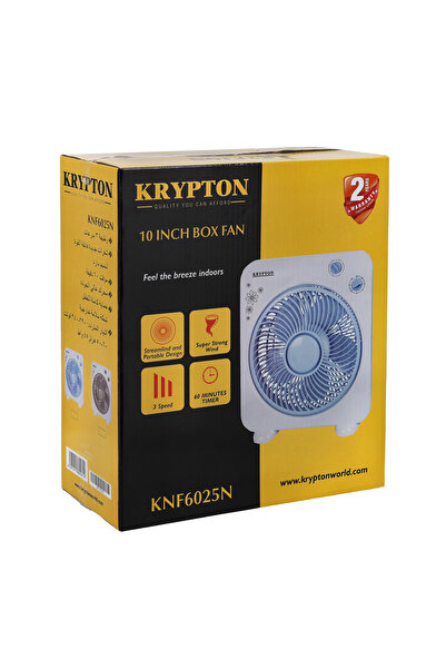 KRYPTON 10" Box Fan - 3-speed, 45w Motor, 5 Leaf Blades, Silent Cooling, 60-minute Timer, Anti-rust Body