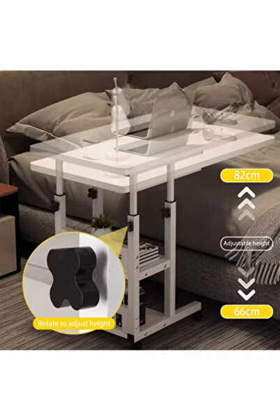 Taimi Side Table Height Adjustable with Swivel Wheels , C-Shaped Side Table For Sofa,80x40cm - White