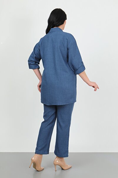 By Alba Collection Women's Navy Blue Soft Linen Shirt Pants Large Size Two Piece Set