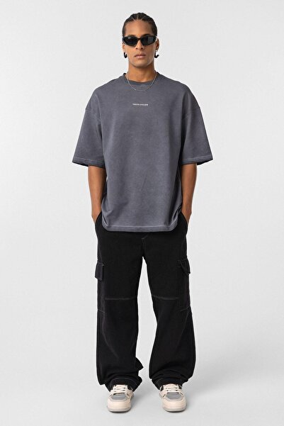 VAMOSCLO Yıkamalı Oversize Tişört Siyah