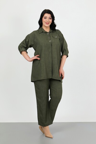 By Alba Collection Kadın Haki Soft Keten Pantolon Gömlek Büyük Beden İkili Takım
