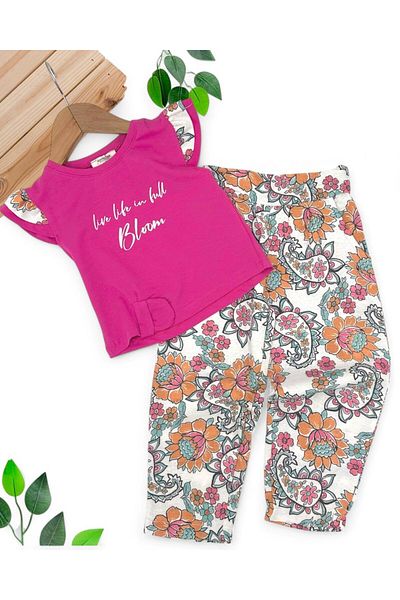 Ege Bebek Ethnic Pattern Girl's Summer Pants 2-3-4-5-6 Years Old Top Set