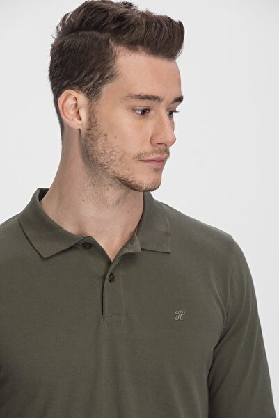 hateko Чоловіче поло з бавовни хакі з довгим рукавом з коміром Tisort