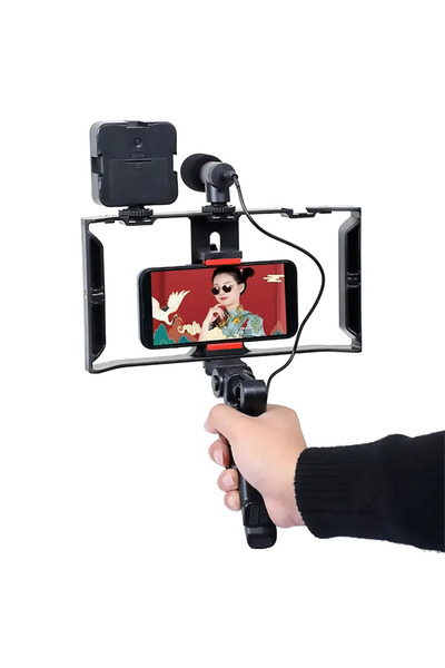 idragon AY49X Cep Telefonu İçin Mikrofonlu ve Işıklı Profesyonel Video Çekim Braketi Telefon Tutucu Tripod