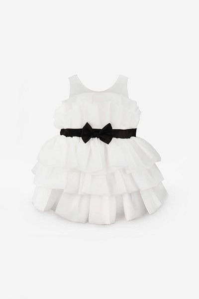 Le Mabelle Ecru Front Bow Layered Girl's Dress - Laney