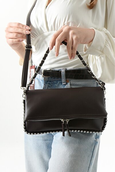 Sellini Kadın Katlanabilir Kahverengi Zincirli Detaylı Omuz El ve Çapraz Çanta