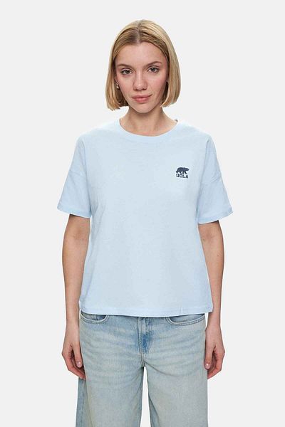 UCLA Tricou pentru femei Kenzie Sky Blue Crew Neck cu imprimeu argintiu