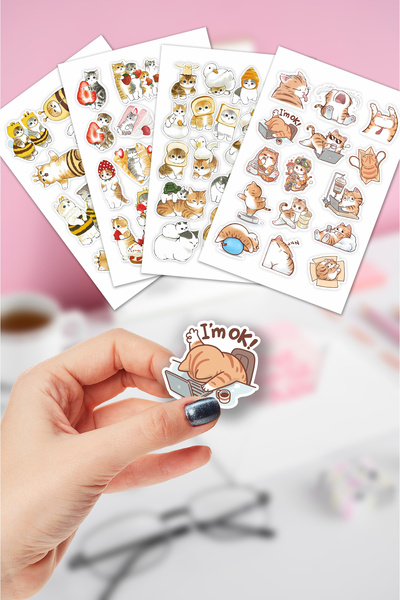 tifopix Cute Cat Sticker Seti- 4 sayfa Kedi Temalı Planner Ajanda Bullet Journal Laptop Etiket Seti