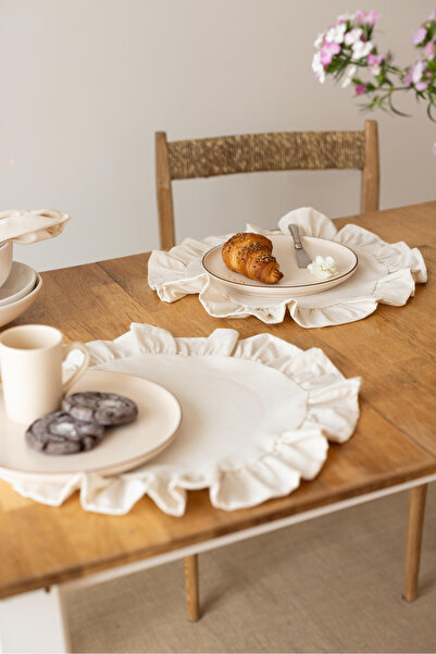 Wellstil Doku | Fırfırlı 6'lı Keten Yuvarlak Bej Amerikan Servisi 40cm