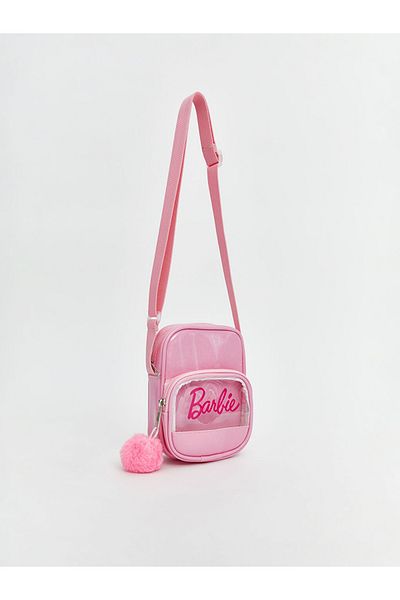 LC Waikiki Pink Barbie Patterned Girl's Crossbody Bag with Transparent Pocket and Pompom Detail