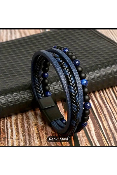 Taktuki Tesbihçilik Özel deri ve doğal akik taşlı 4 Şeritlı bileklık