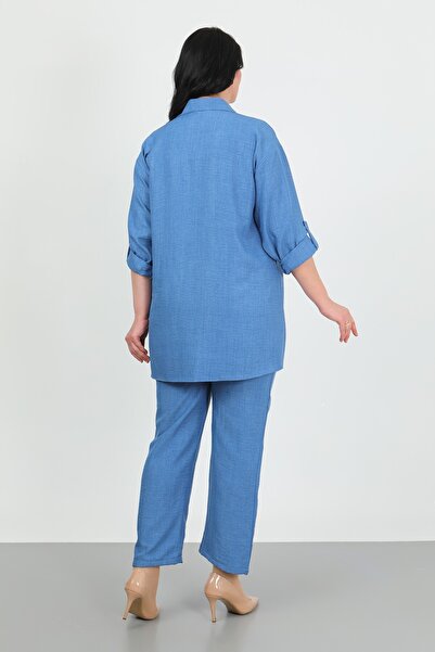 By Alba Collection İndigo Soft Kerten Pants and Shirts Large Size Set of Two