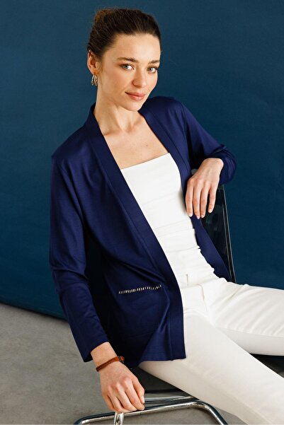 Desen Triko Ženski džepni kardigan Sa kamenčićima letnji tamnoplavi