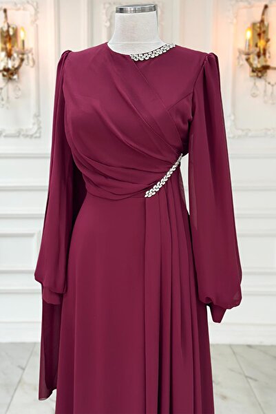 Amine Hüma Feza Abiye Elbise Bordo