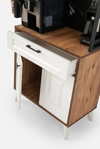 Evistro Kahve Köşesi Çekmeceli Çok Amaçlı Mutfak Dolabı Ceviz - Beyaz-KURULU GÖNDERİLİR