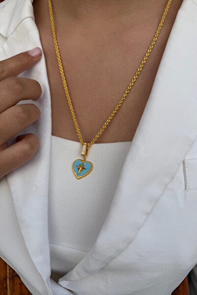 Utku Kuyumculuk 22 AYAR ÖZEL TASARIM MAVİ MİNELİ KALPLİ KUTUP YILDIZI KOLYE UCU