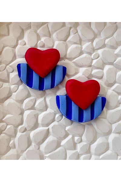 ACCESSORY Navy blue and blue striped red heart detail earrings