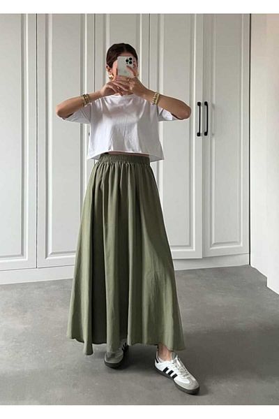 Gülmude Hijab Skirt Long Double Pocket Cotton Fabric Elastic Waist No Show Skirt Unlined (90 cm)