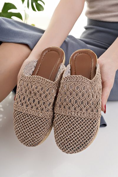 Modafırsat Women's Straw Stain Pre-Tan, Closed Knit, Lace Knitwear, Embroidery and Stylish Summer Slippers