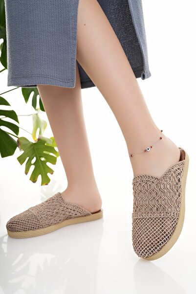Modafırsat Women's Straw Stain Pre-Tan, Closed Knit, Lace Knitwear, Embroidery and Stylish Summer Slippers