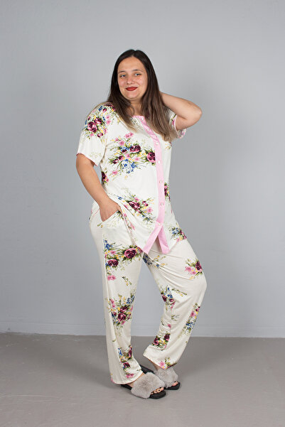 Truva XXL Large Size Floral Patterned Lycra Buttoned Pajama Set
