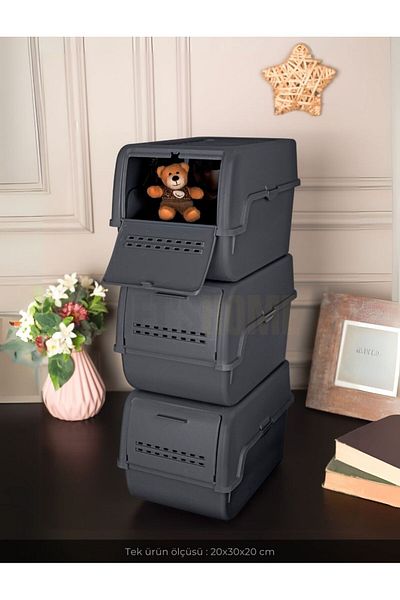 Jet's Home Set of 3 Organizer Food Box Bpa Free Storage Box Onion Crisper Basket Anthracite 8 Lt X 3