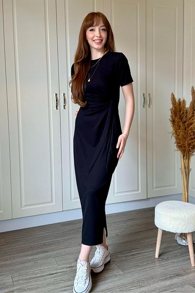 Dilay Gökoğlu Butik Rochie Midi Modal Neagră cu șireturi