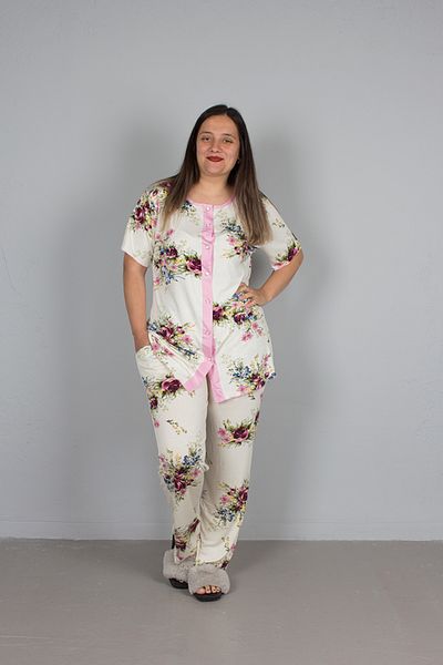 Truva XXL Large Size Floral Patterned Lycra Buttoned Pajama Set