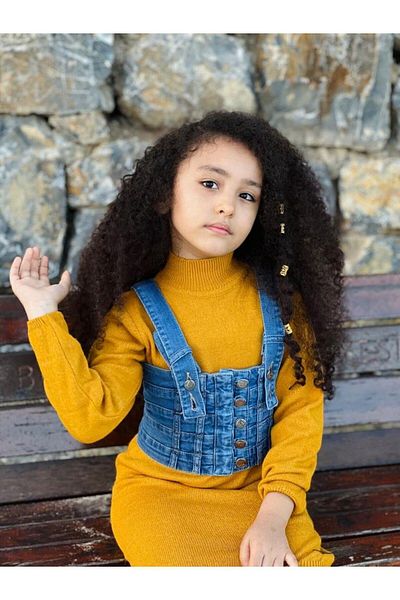 Hilal Akıncı Kids Girl's Denim Bustier Knitwear Dress Set of 2