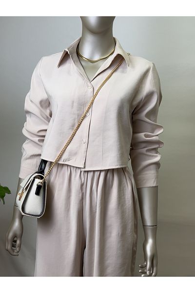 owwon Women's Beige Double Crop Shirt Pants Bottom Top Set