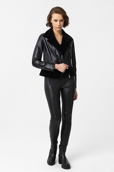 Deriderim Black Wendy Side Zipper Fur Garnished Biker Women's Short Genuine Leather Jacket