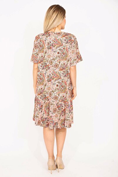 Şans Women's Large Size Colorful Dress with Tiered Hem and Flounced Sleeves 65n35326