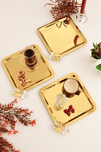 AKSESUAR EVRENİ Nesto Stainless Square Butterfly Detailed Presentation Tray Gold Set of 3