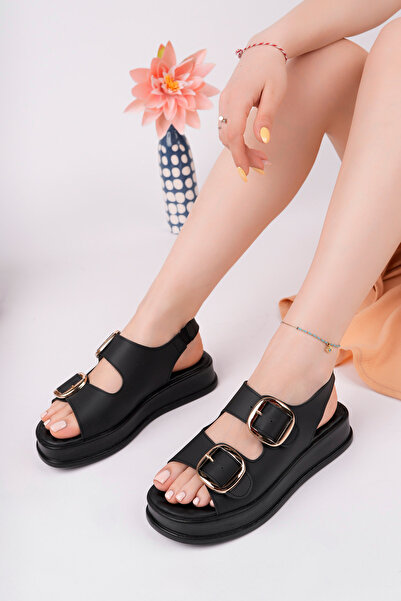 BAHRİNA Sandale de damă cu cataramă dublă cu spate elastic, piele neagră, cat...