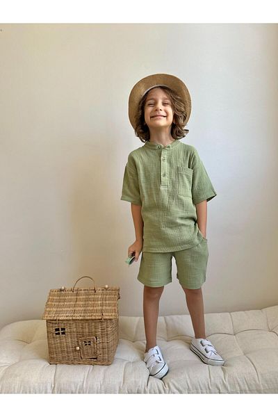 YİGİT BUTİK Yigit Butik Muslin Fabric Shirt Collar Boy's Shorts Suit