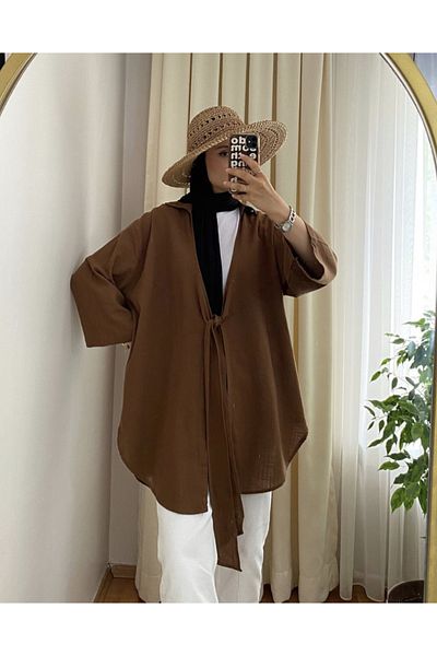 My Blog Kimonohemd aus Leinen in Braun mit Flam-Muster, 100 % Baumwolle