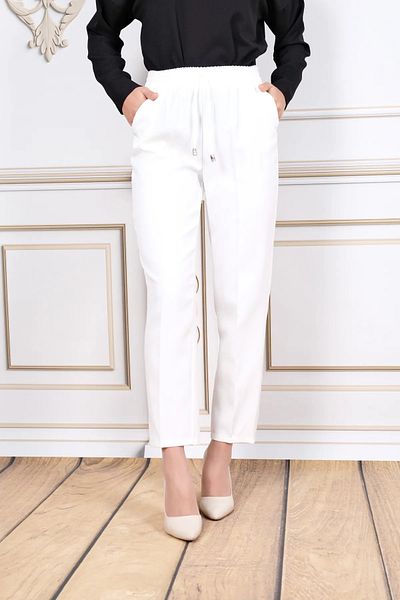 AYHAN AYDIN Women's White Elastic Waist Ankle Length Pants