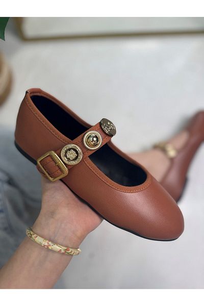 İmerShoes Daily Women's Tan Ballerina Pearl Strap Adjustable Buckle Oval Toe Lightweight Comfortable Shoes 379
