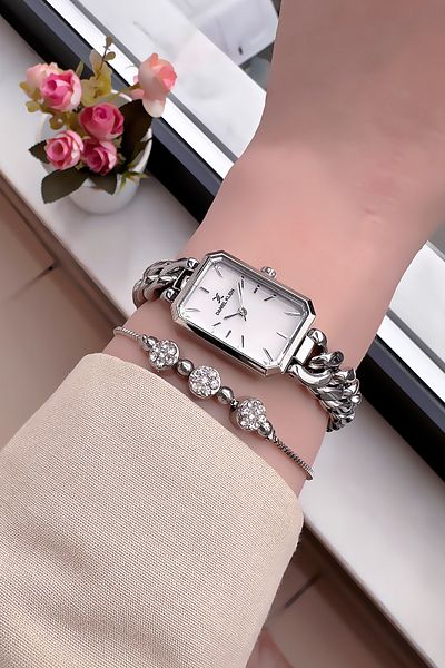 Daniel Klein Square Case Waterproof Women Wristwatch Silver Color Steel Chain Cord Gift Bangle Dkby2037C4