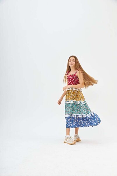 Hilal Akıncı Kids Kız Çocuk Püsküllü Renkli Parçalı Ispanyol Model Elbise
