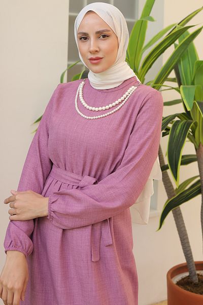giyze Λινό φόρεμα με μαργαριτάρι κολιέ Dusty Rose 4034