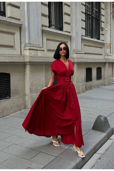 D'RECCY فستان نسائي طويل بحزام الخصر وأكمام قصيرة وأزرار