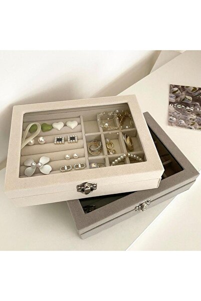 Generica صندوق تخزين و منظم المجوهرات و حامل للمجوهرات و عرض منظم للأقراط والقلائد والأساور والخواتم لون بيج