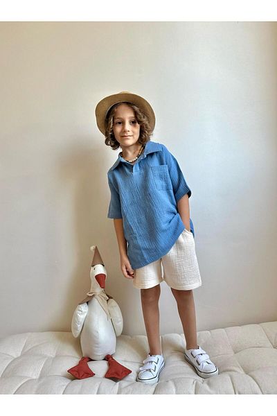 YİGİT BUTİK Yigit Butik موسلين نسيج قميص طوق الصبي السراويل القصيرة