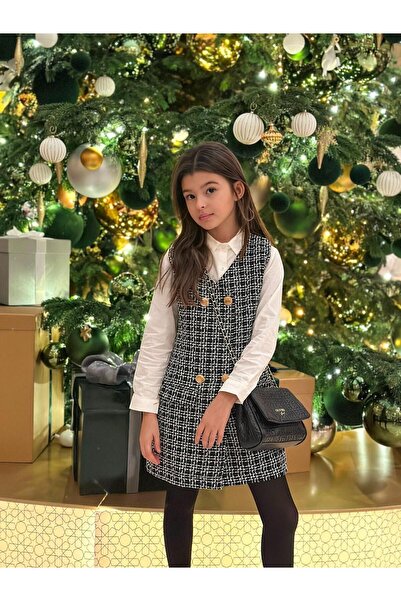 Hilal Akıncı Kids Kız Çocuk  Gold Düğmeli Ceket Elbise Beyaz Gömlek 2'li Takım