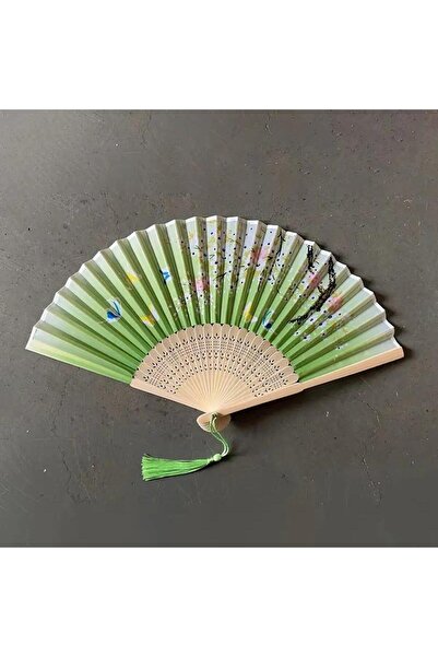 BELUGA Yelpaze Bambu Vintage Yeşil Kelebekli Bahar Dalı Desenli Şık Püsküllü ...