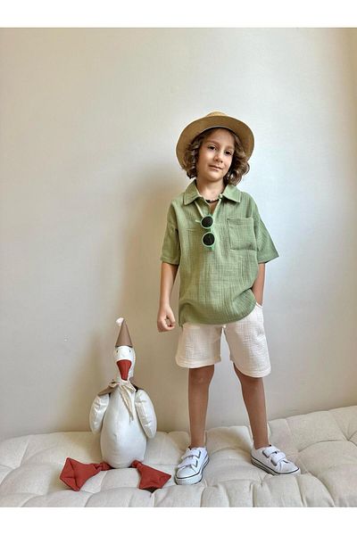 YİGİT BUTİK Yigit Butik Muslin Fabric Shirt Collar Boy's Shorts Suit