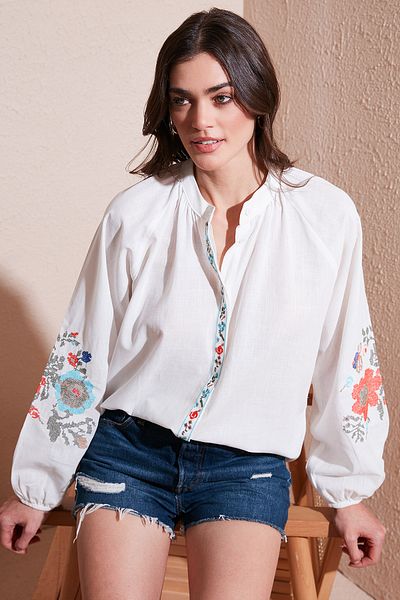 Lela Cămașă de vară cu mânecă cu balon, bumbac brodat, cu croiala normală, CAMISA 611BZ0173