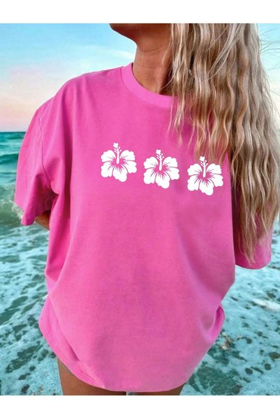 LAMASTRE Women's Pink Lotus Flower Printed Oversize Tshirt - Crew Neck Printe...